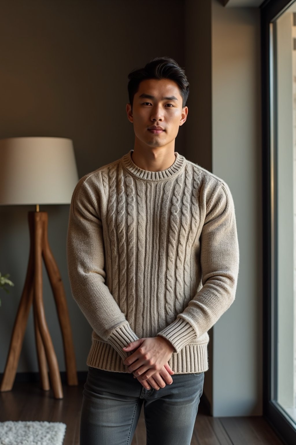 a man wearing knitted sweater) in luxury villa living room, instagram photo, instagram,  fit body