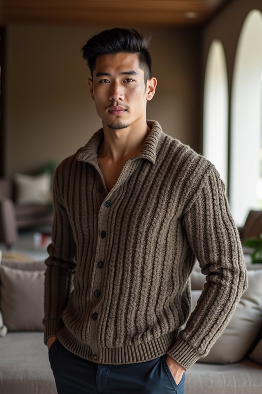 a man wearing knitted sweater) in luxury villa living room, instagram photo, instagram,  fit body