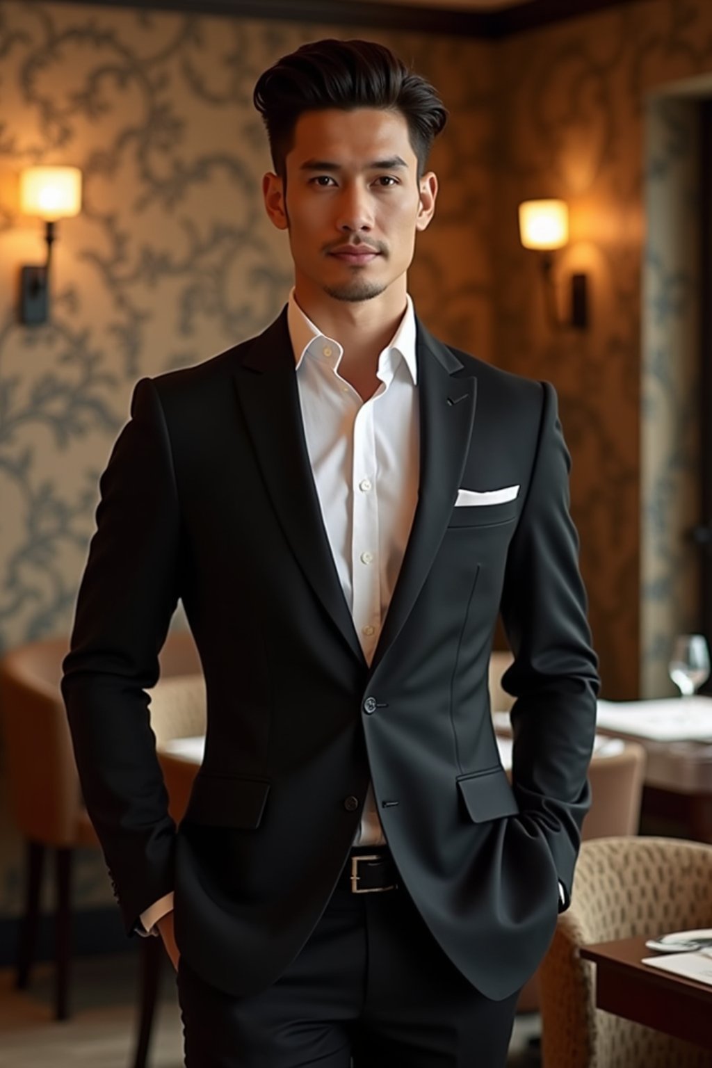 a man wearing  luxurious suit in luxury restaurant, instagram photo, instagram,  fit body