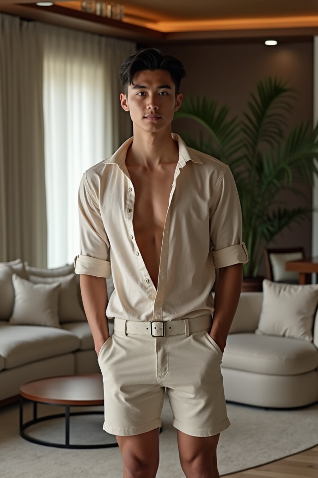 a man wearing  shirt and shorts in luxury villa living room, instagram photo, instagram,  fit body