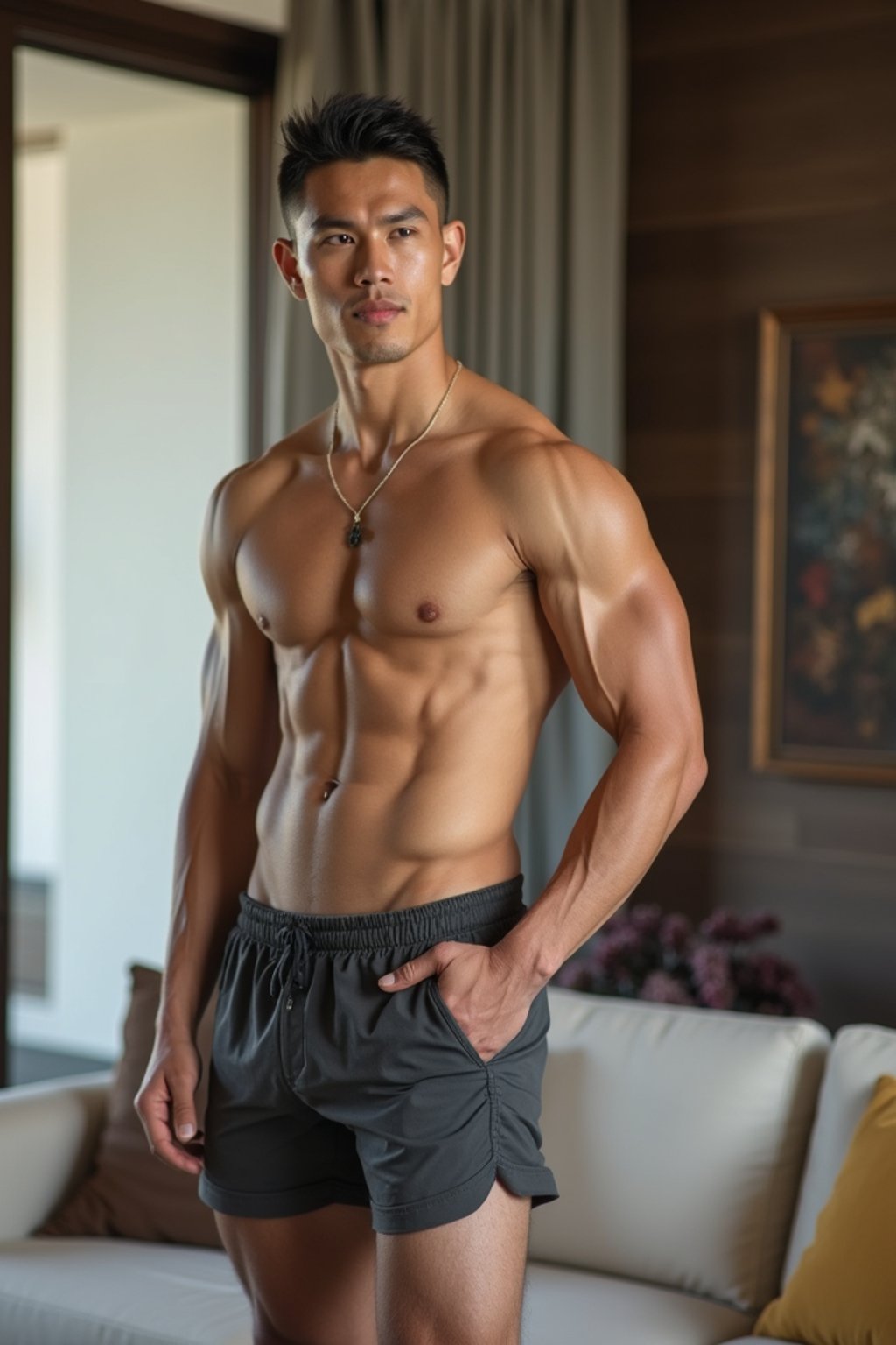 a man wearing  shirt and shorts in luxury villa living room, instagram photo, instagram,  fit body