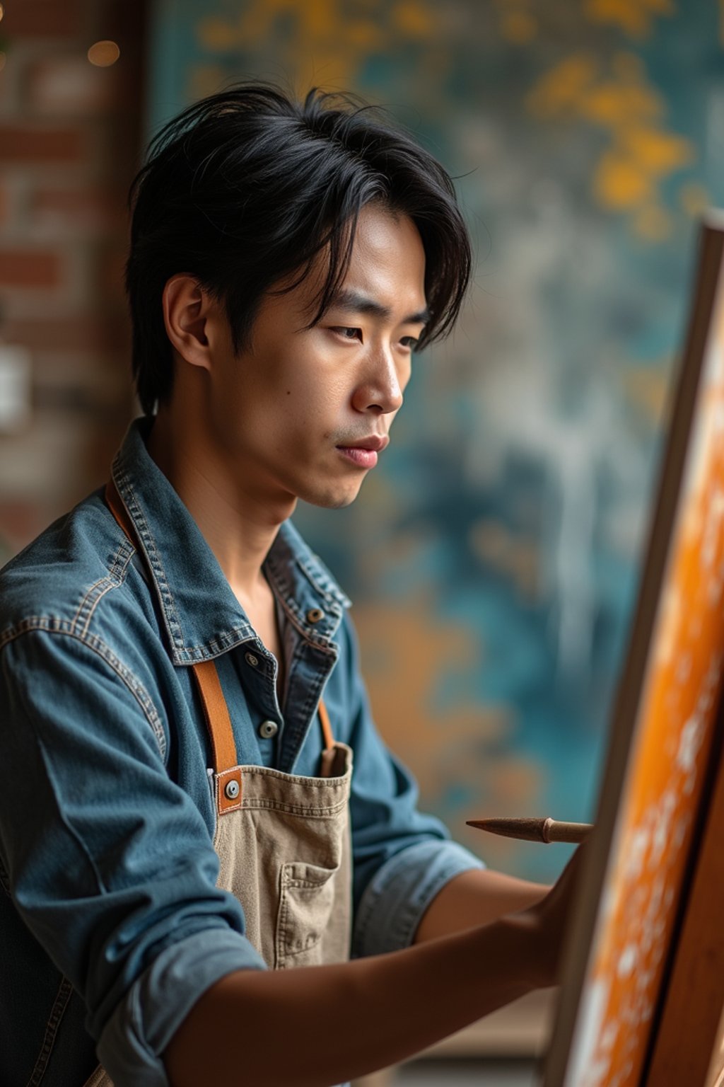 a man as artistic painter in  art studio with wooden easel and paint