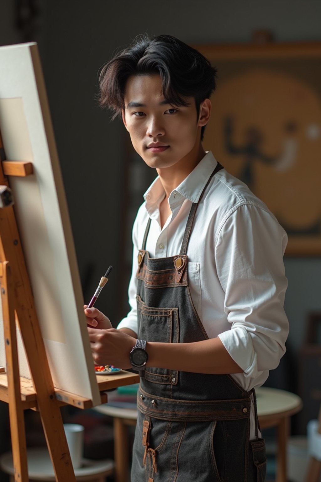 a man as artistic painter in  art studio with wooden easel and paint