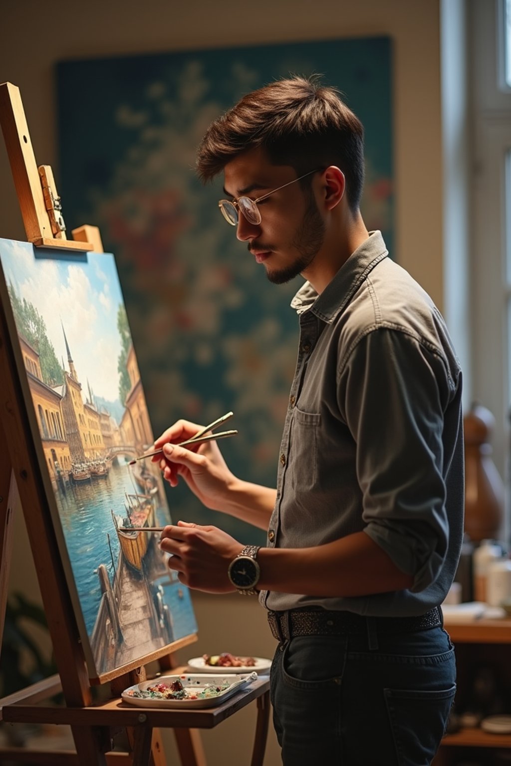 a man as artistic painter in  art studio with wooden easel and paint