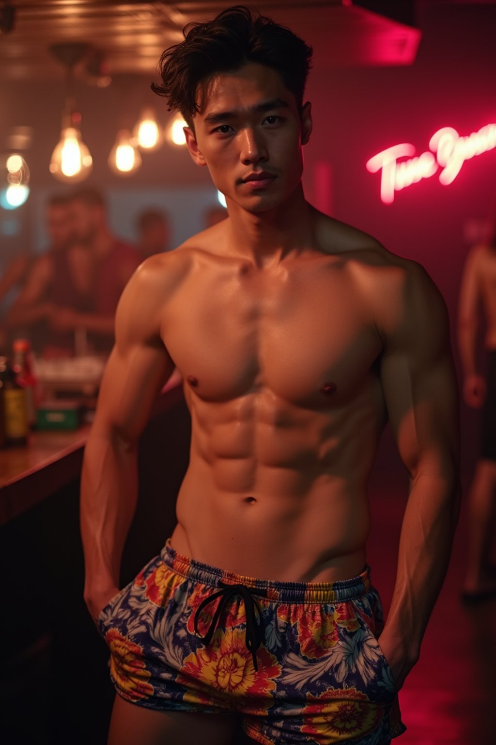 a man wearing  silk floral swim shorts in night club, instagram photo, instagram,  fit body