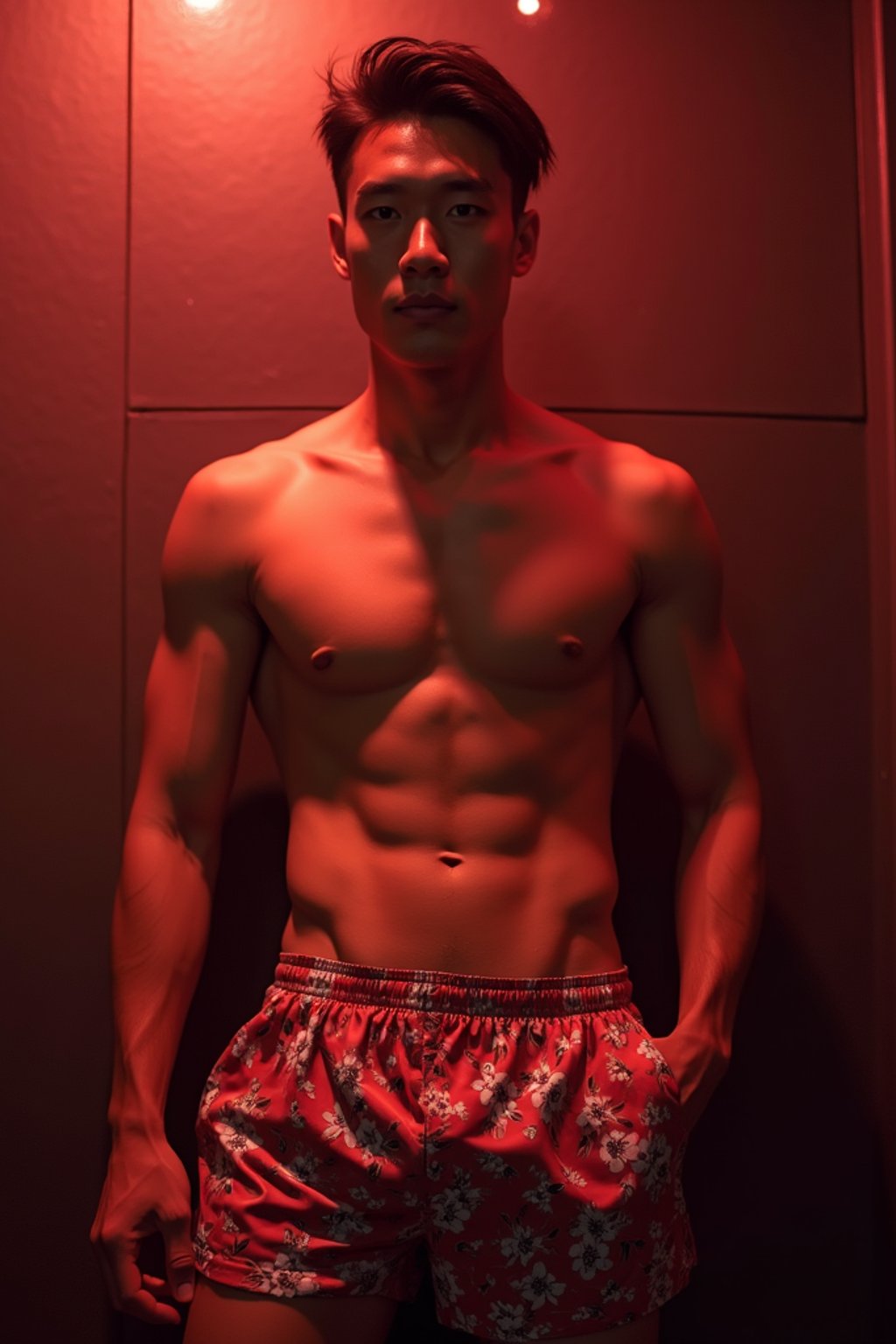 a man wearing  silk floral swim shorts in night club, instagram photo, instagram,  fit body