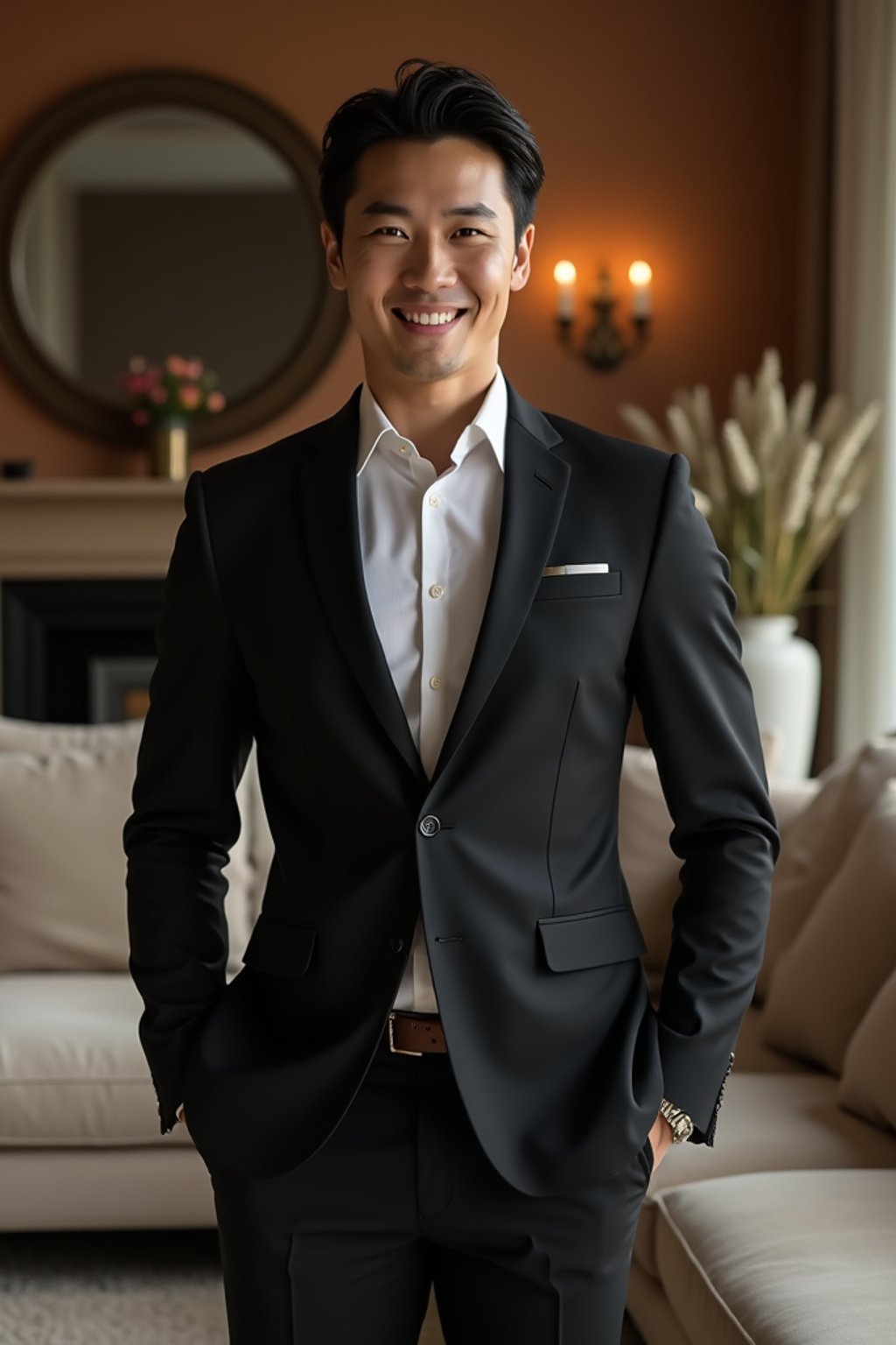 a man wearing  black suit in luxury villa living room, instagram photo, instagram,  fit body