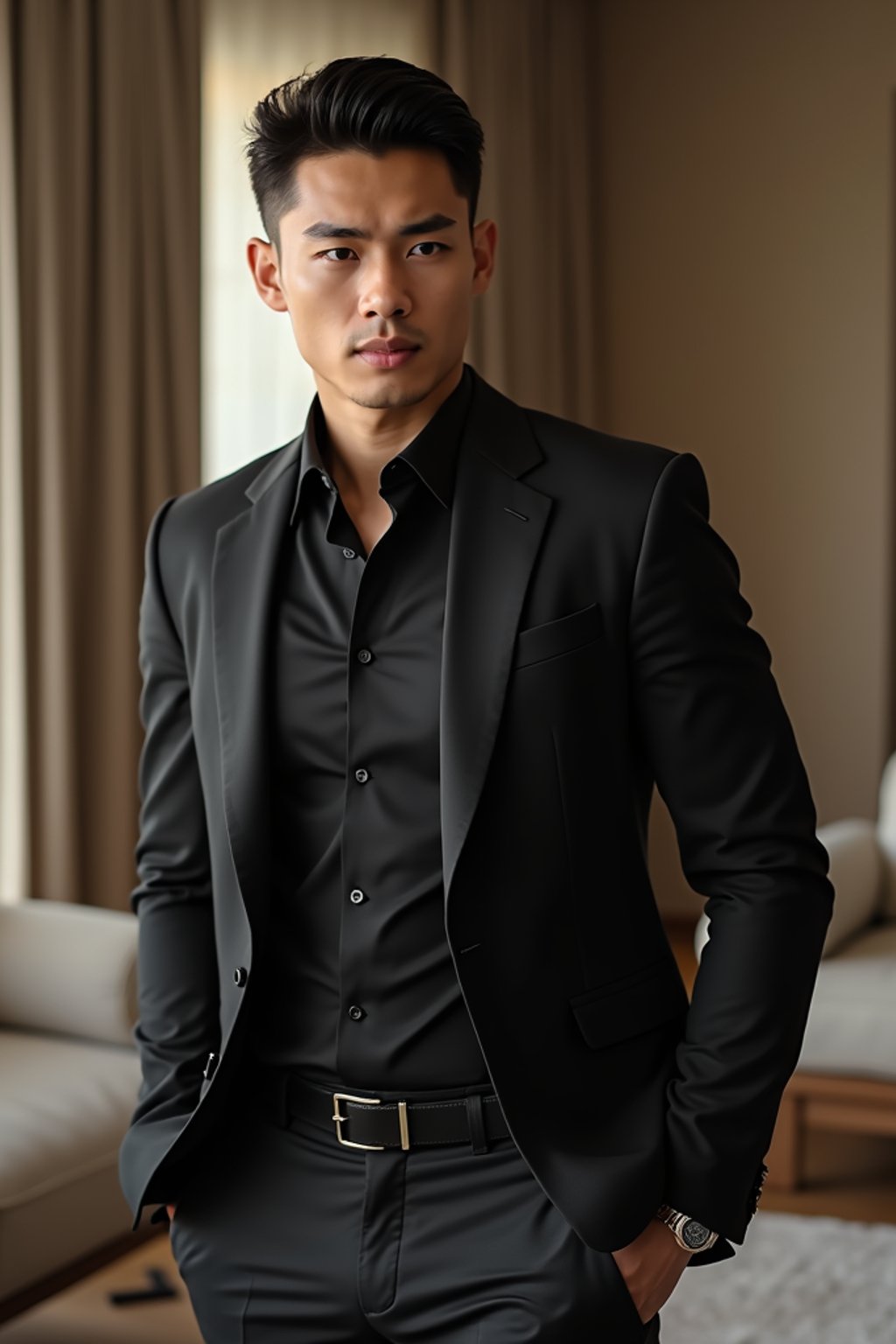 a man wearing  black suit in luxury villa living room, instagram photo, instagram,  fit body