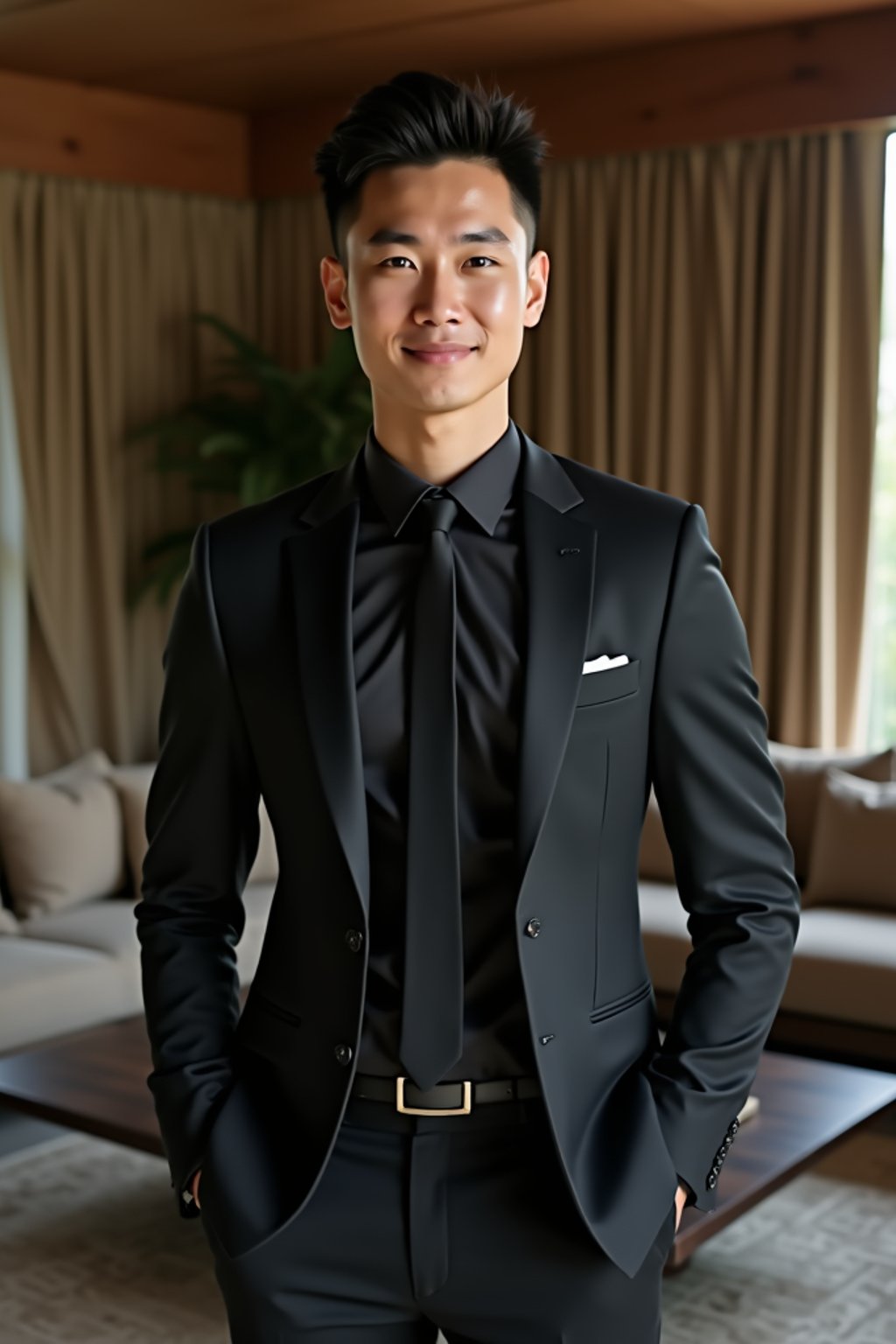 a man wearing  black suit in luxury villa living room, instagram photo, instagram,  fit body