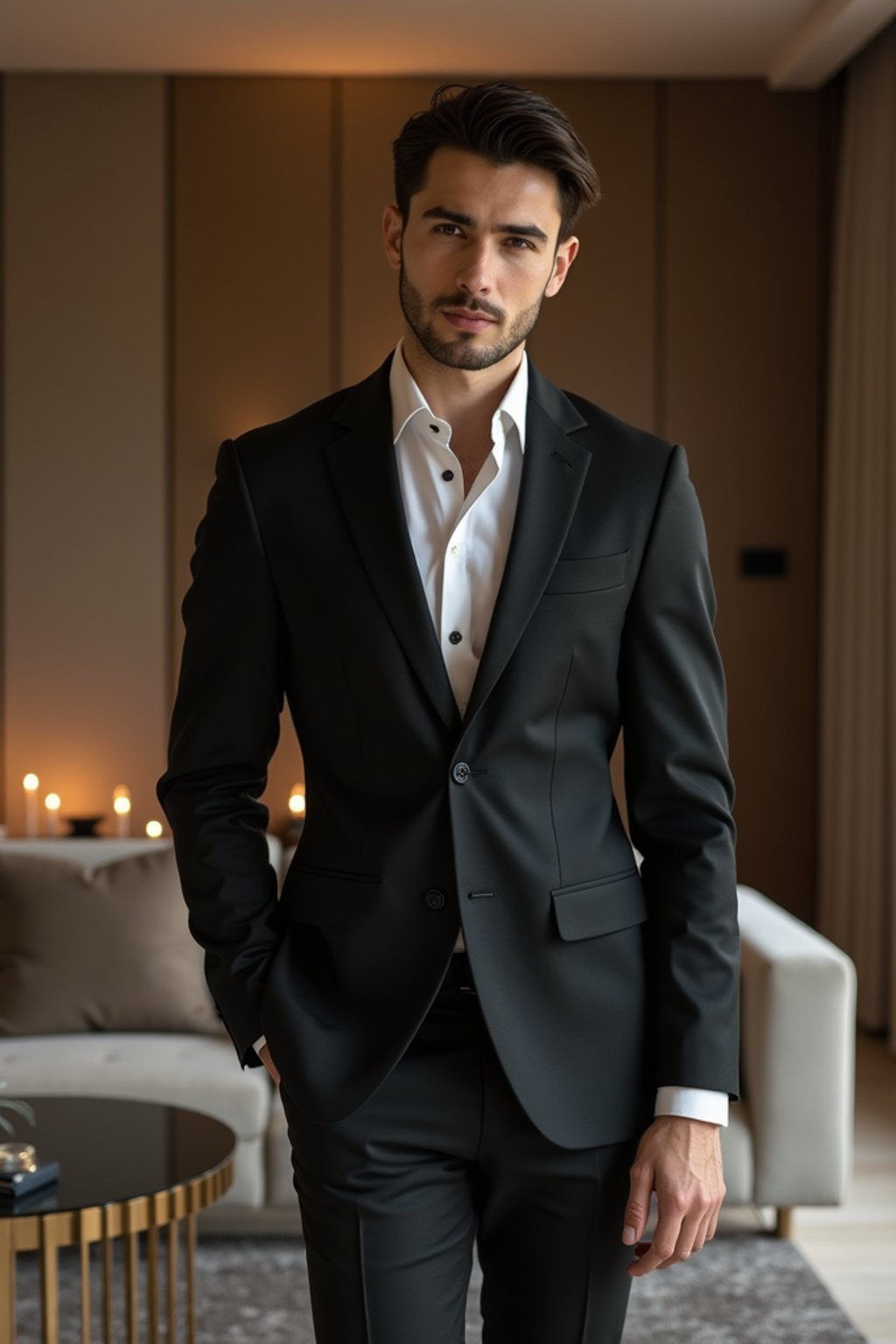 a man wearing  black suit in luxury villa living room, instagram photo, instagram,  fit body