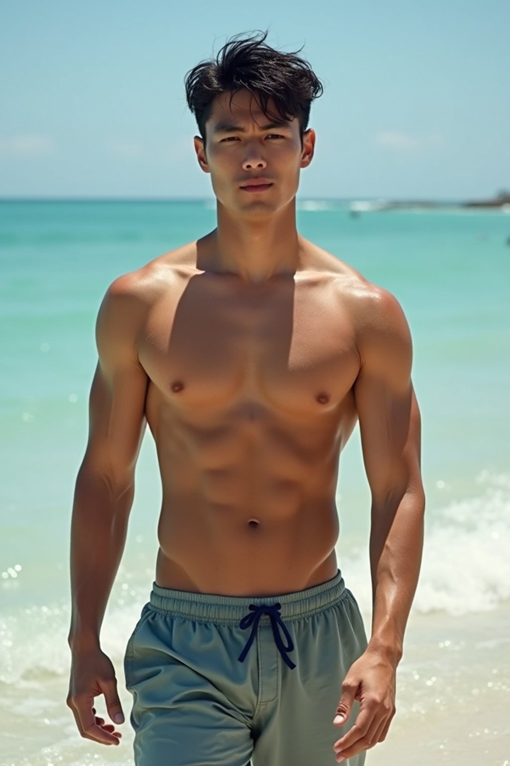 man in  swim shorts} in sea water on the beach, wet hair