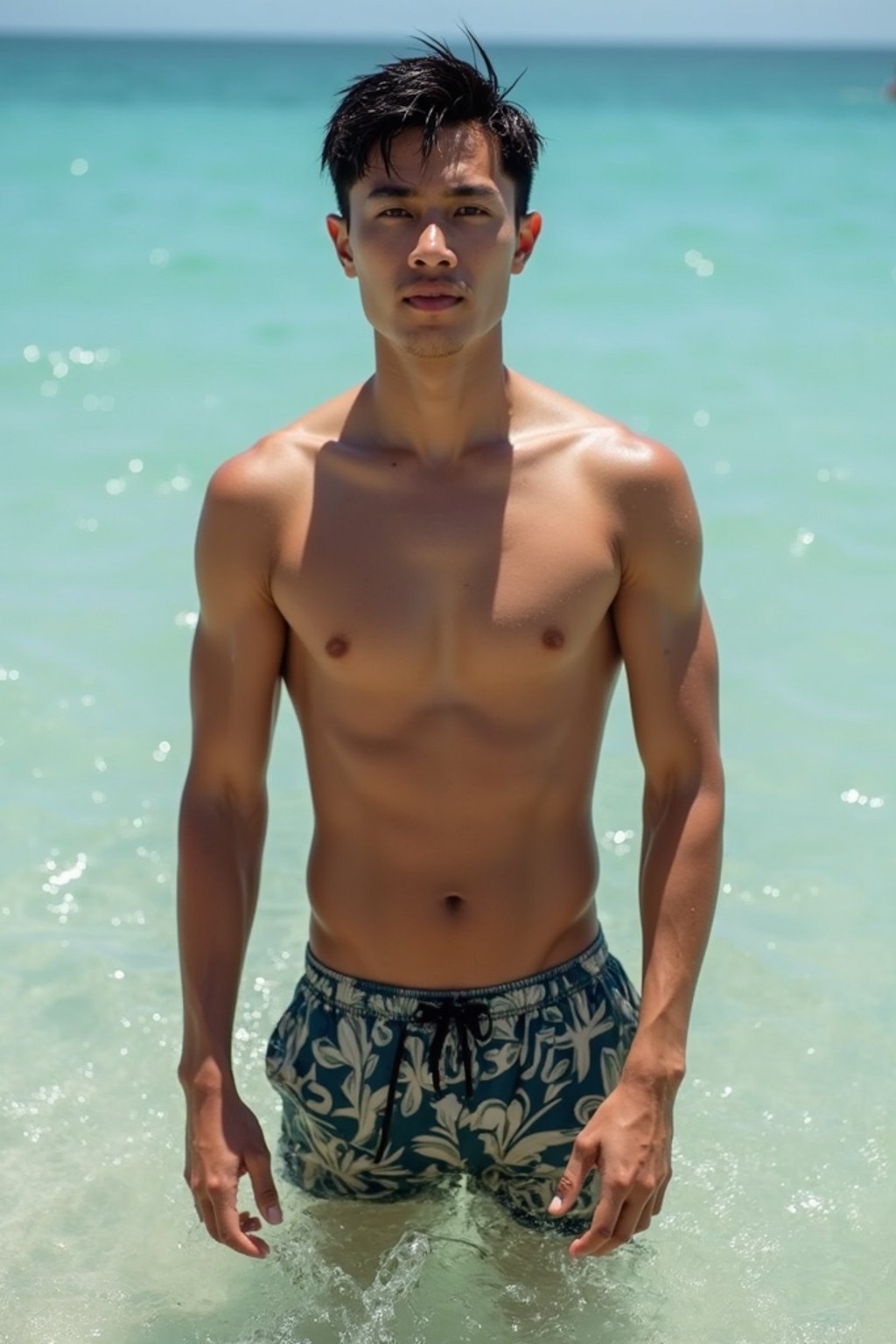 man in  swim shorts} in sea water on the beach, wet hair