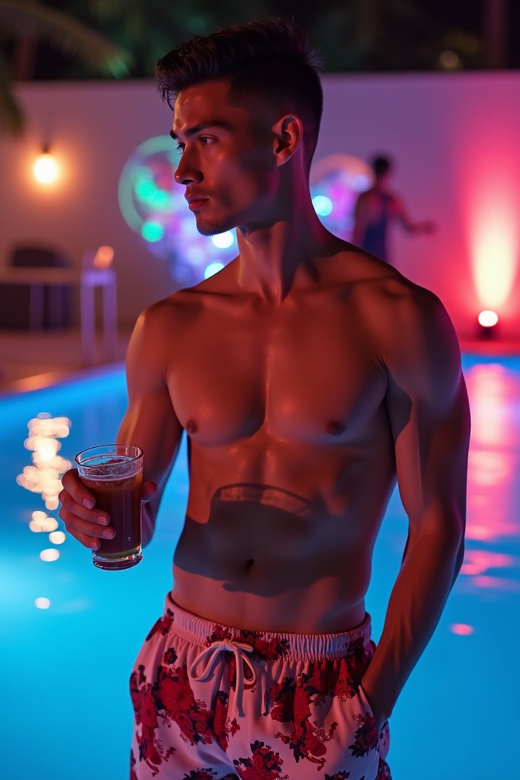 man , fit body in floral silk  swim shorts and shirtless at pool party with neon lights