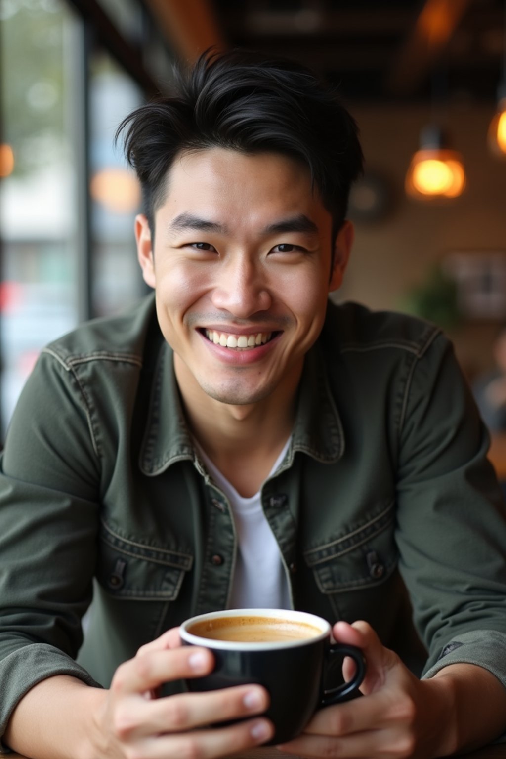 man in a trendy café, holding a freshly brewed cup of coffee