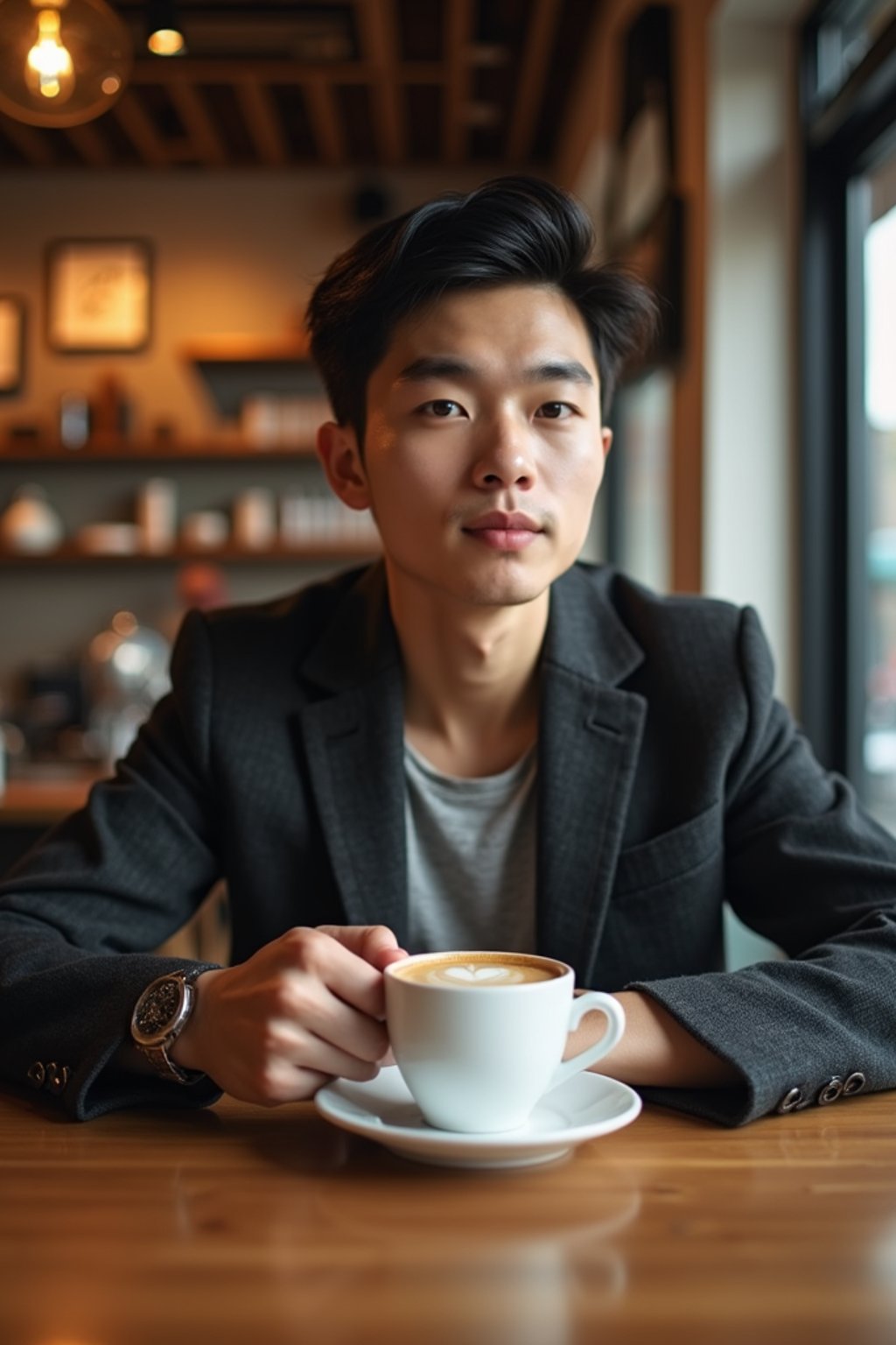 man in a trendy café, holding a freshly brewed cup of coffee