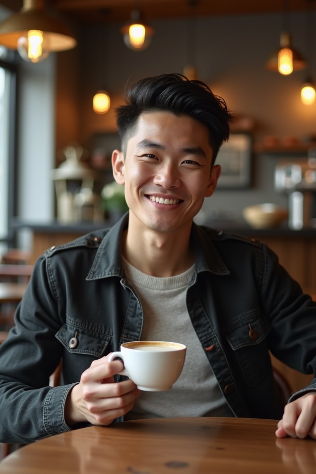 man in a trendy café, holding a freshly brewed cup of coffee