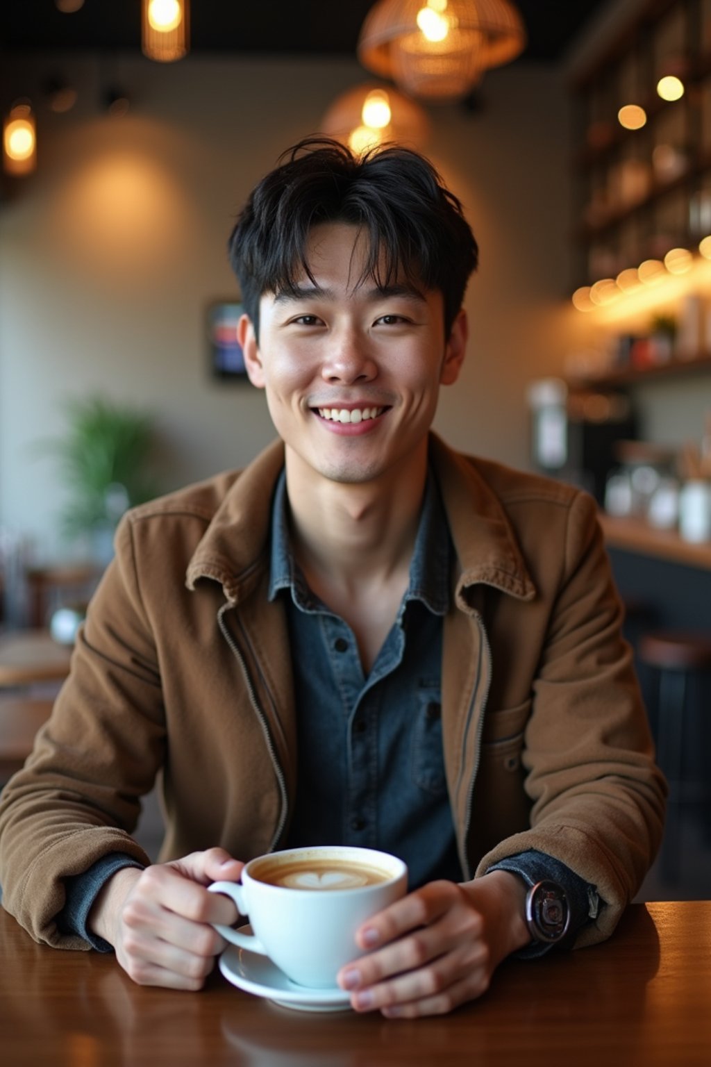 man in a trendy café, holding a freshly brewed cup of coffee