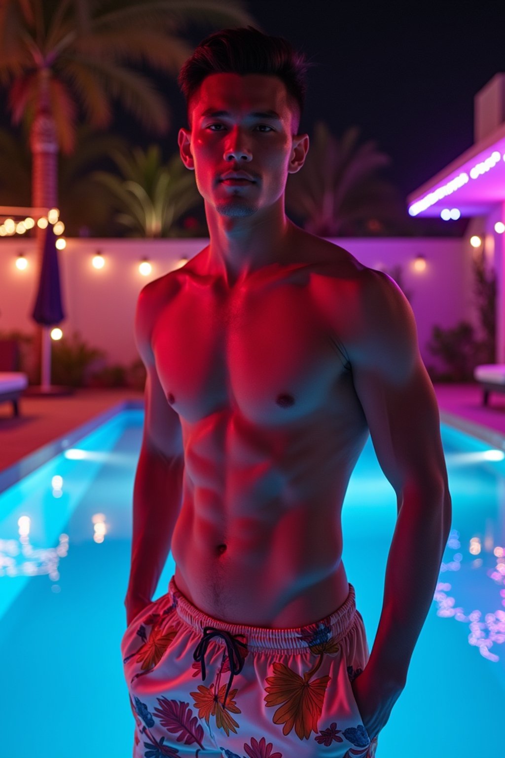 man , fit body in floral silk  swim shorts and shirtless at pool party with neon lights