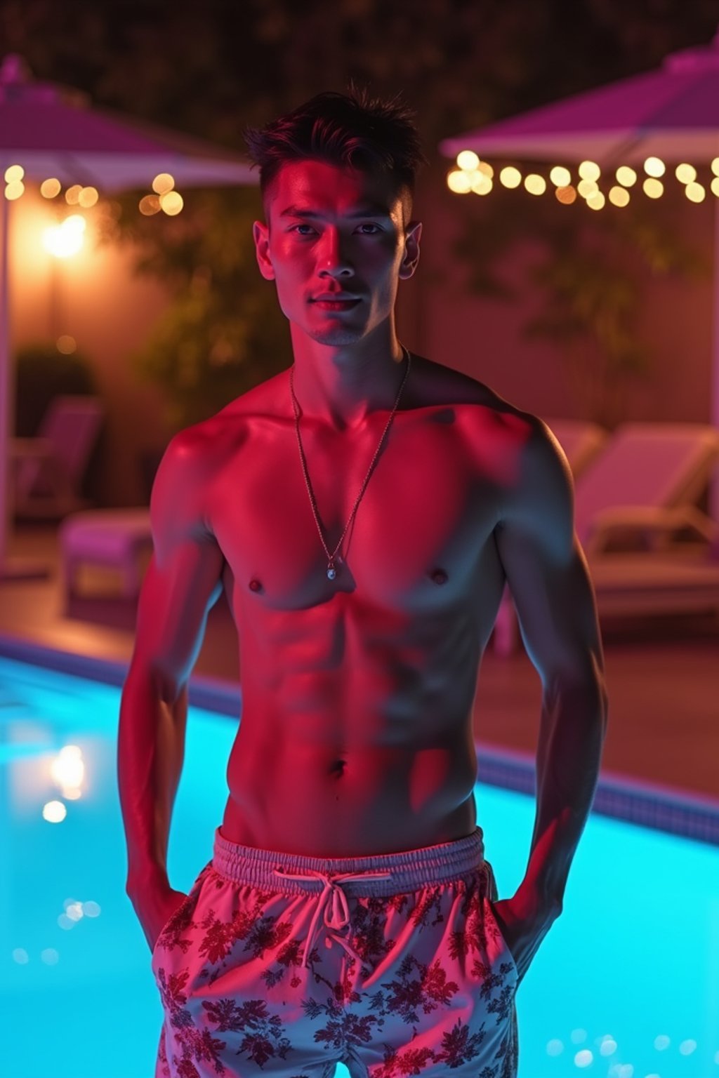 man , fit body in floral silk  swim shorts and shirtless at pool party with neon lights