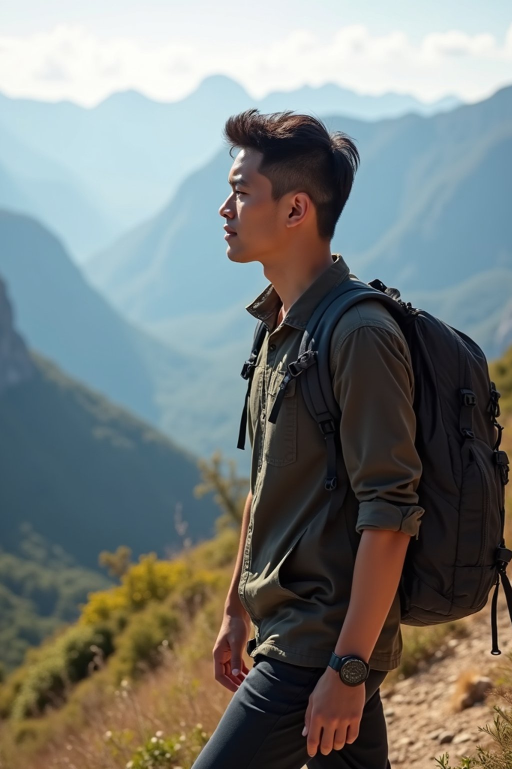 man on a hiking trail, overlooking a breathtaking mountain landscape