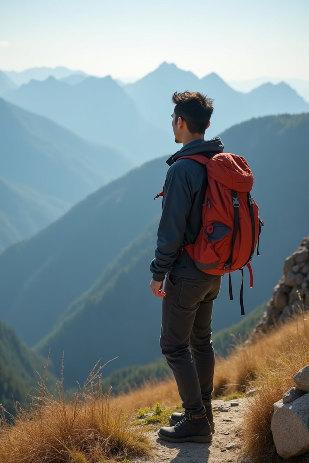 man on a hiking trail, overlooking a breathtaking mountain landscape