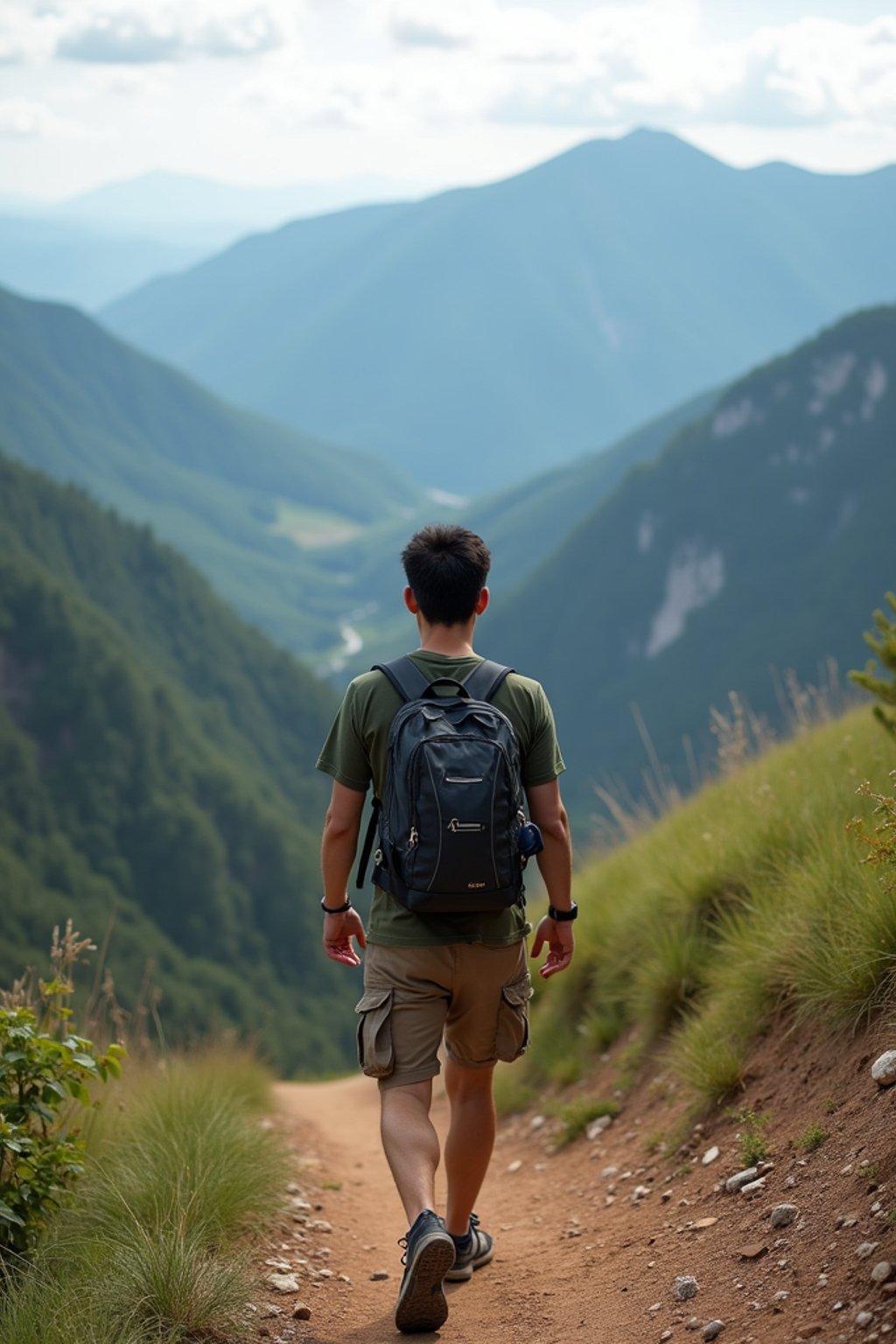 man on a hiking trail, overlooking a breathtaking mountain landscape