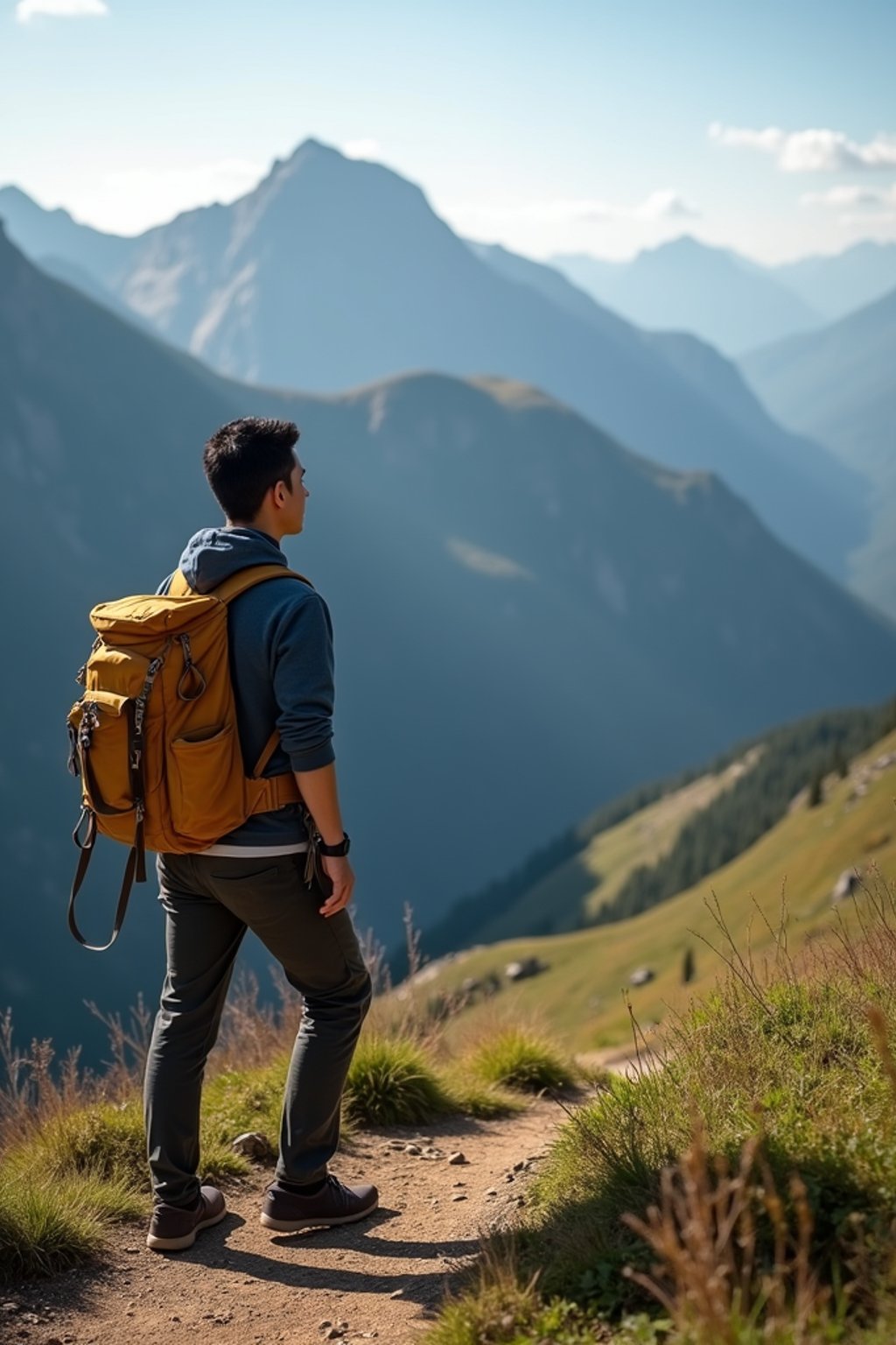 man on a hiking trail, overlooking a breathtaking mountain landscape