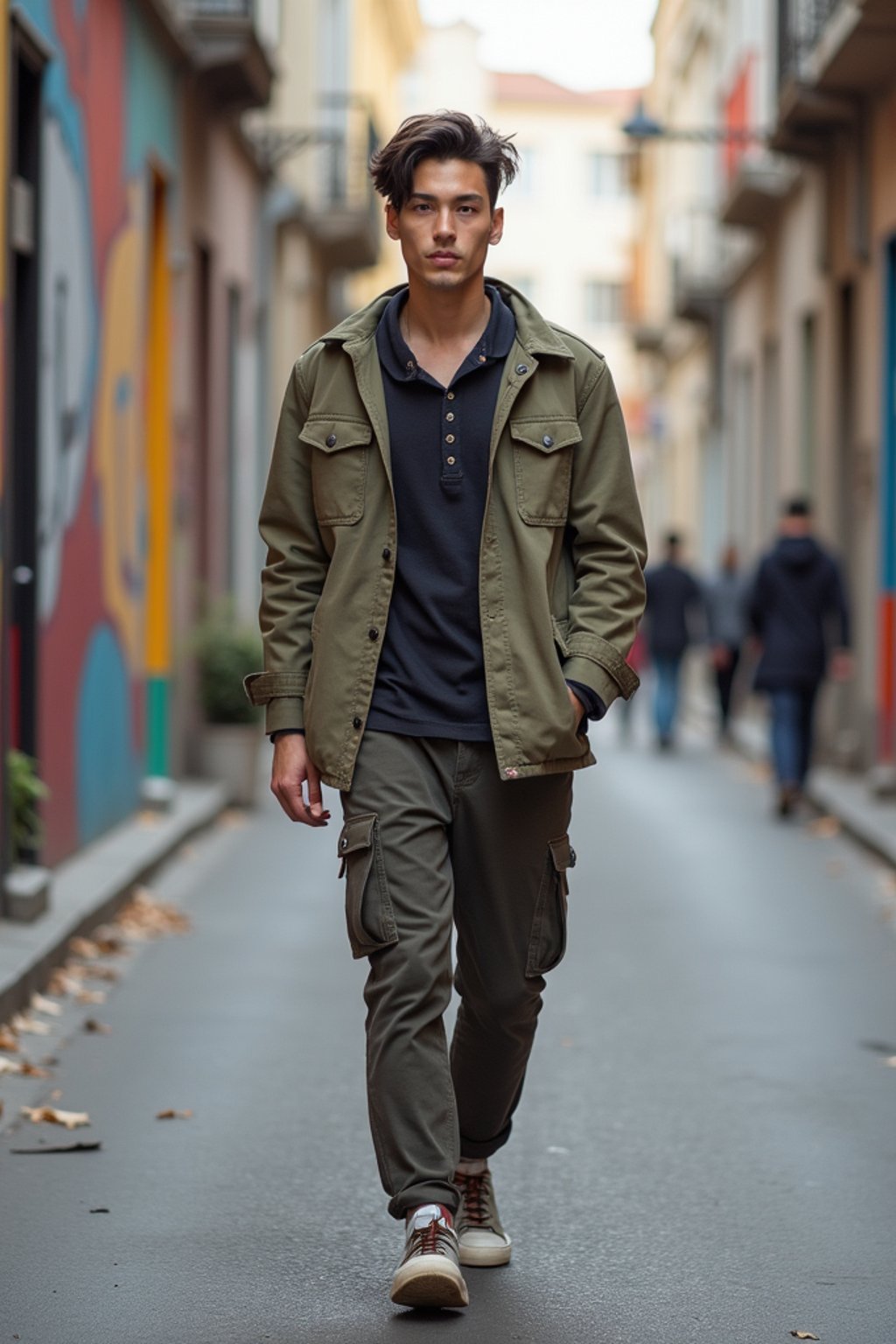 man wearing a trendy outfit, walking down a street lined with colorful murals