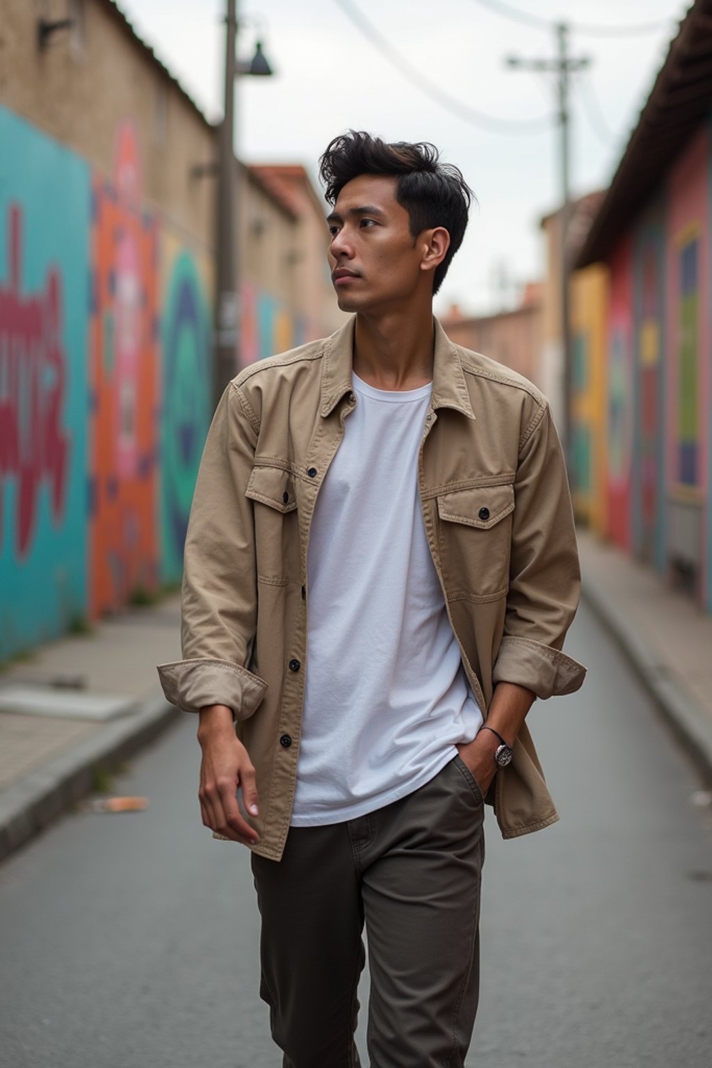 man wearing a trendy outfit, walking down a street lined with colorful murals