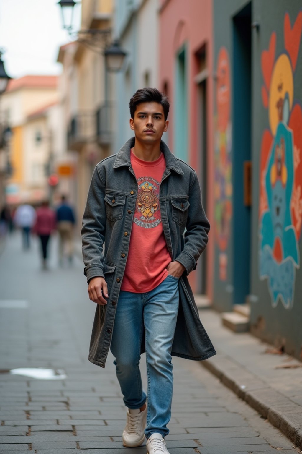 man wearing a trendy outfit, walking down a street lined with colorful murals