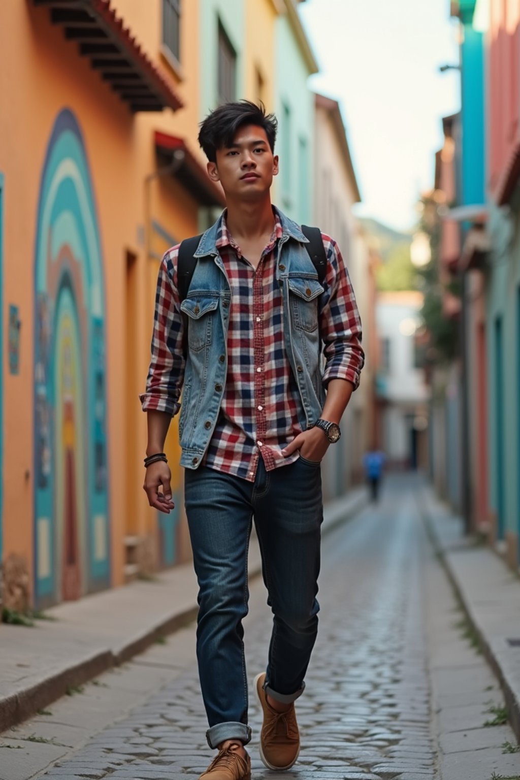 man wearing a trendy outfit, walking down a street lined with colorful murals