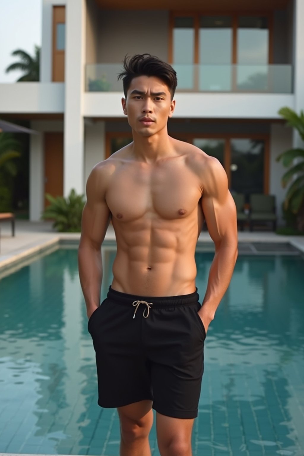 man  wearing  , , fit body very man, in front of luxury villa,  black shorts, sexy, beautiful, man