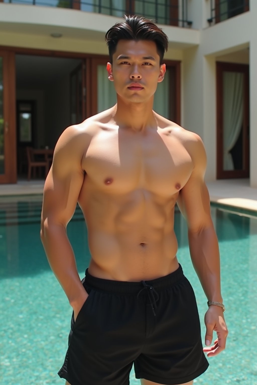 man  wearing  , , fit body very man, in front of luxury villa,  black shorts, sexy, beautiful, man