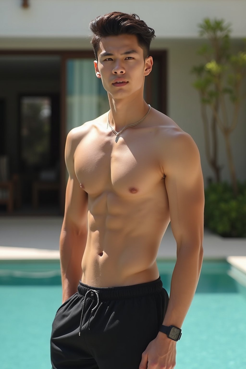 man  wearing  , , fit body very man, in front of luxury villa,  black shorts, sexy, beautiful, man