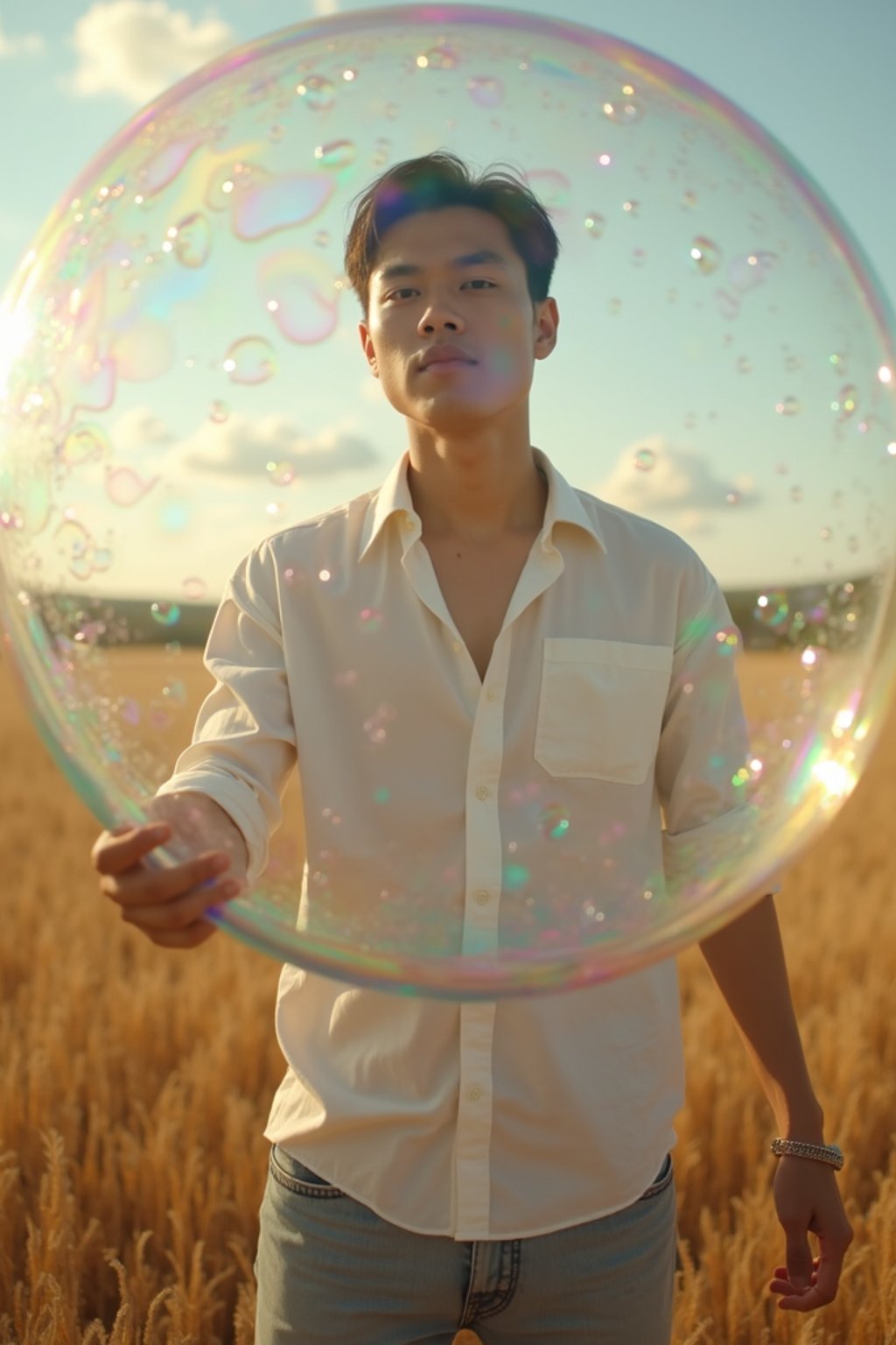 man holding a giant soap bubble in a sunlit field