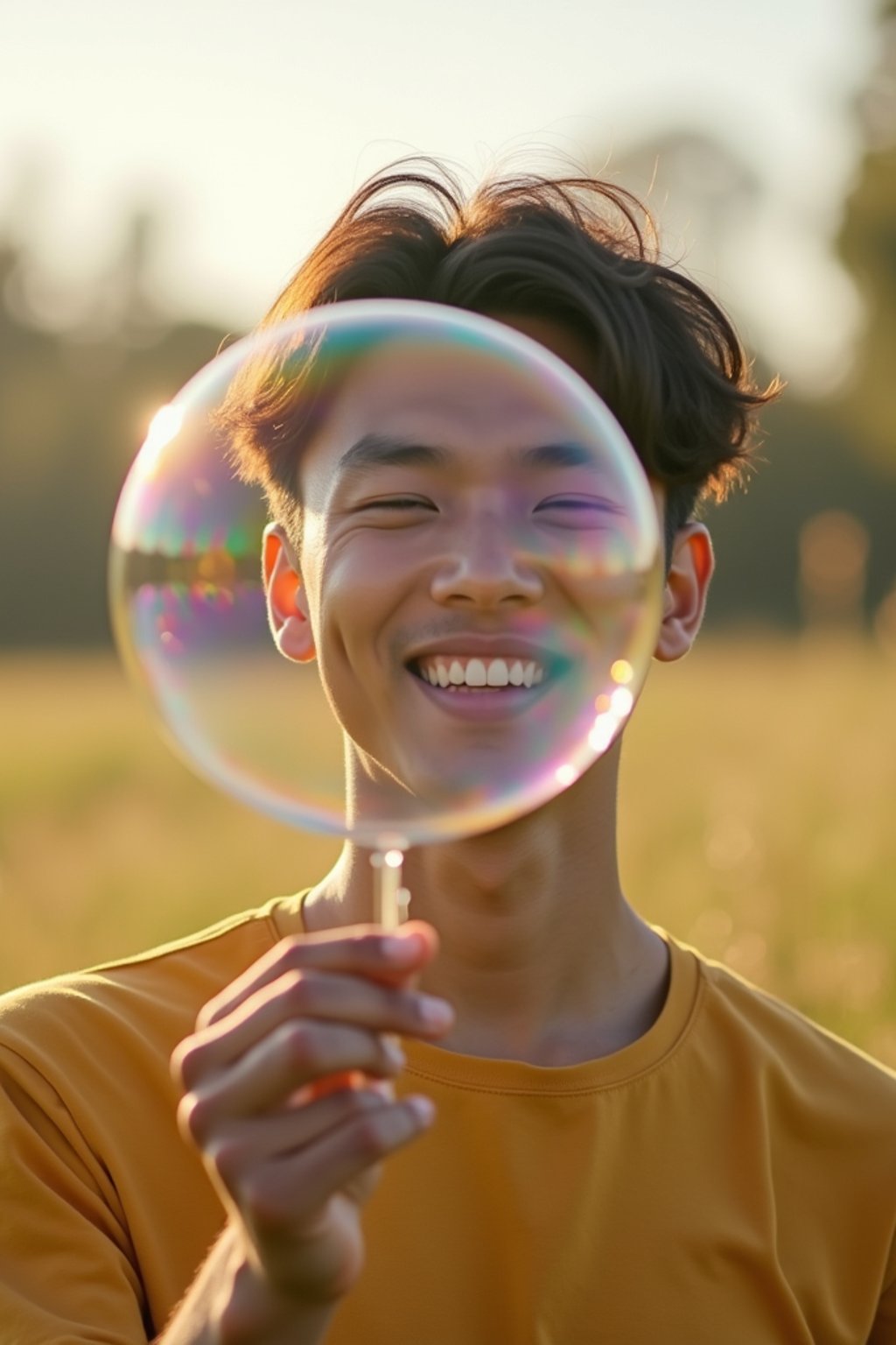 man holding a giant soap bubble in a sunlit field