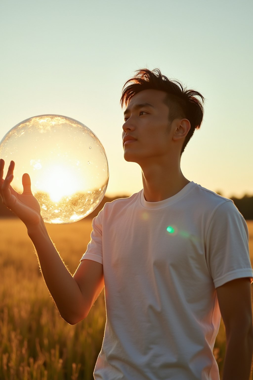 man holding a giant soap bubble in a sunlit field