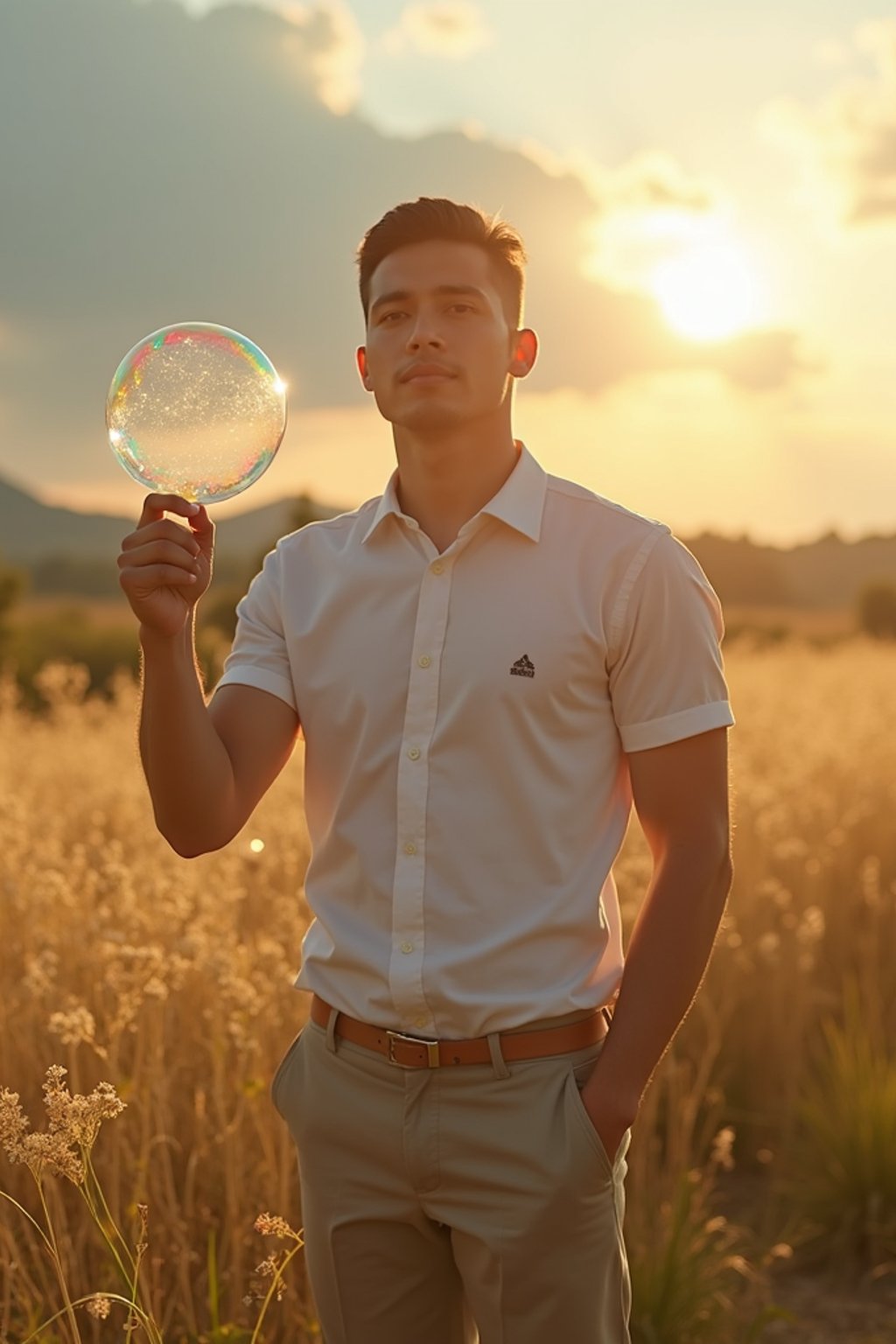 man holding a giant soap bubble in a sunlit field