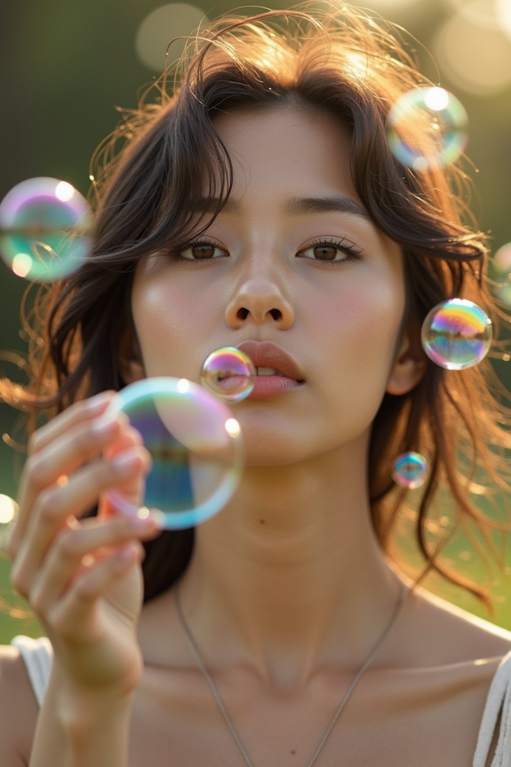 man blowing bubbles. all around her are floating bubbles. many bubbles floating. the bubbles reflect her face. she stands in a sunlit field.