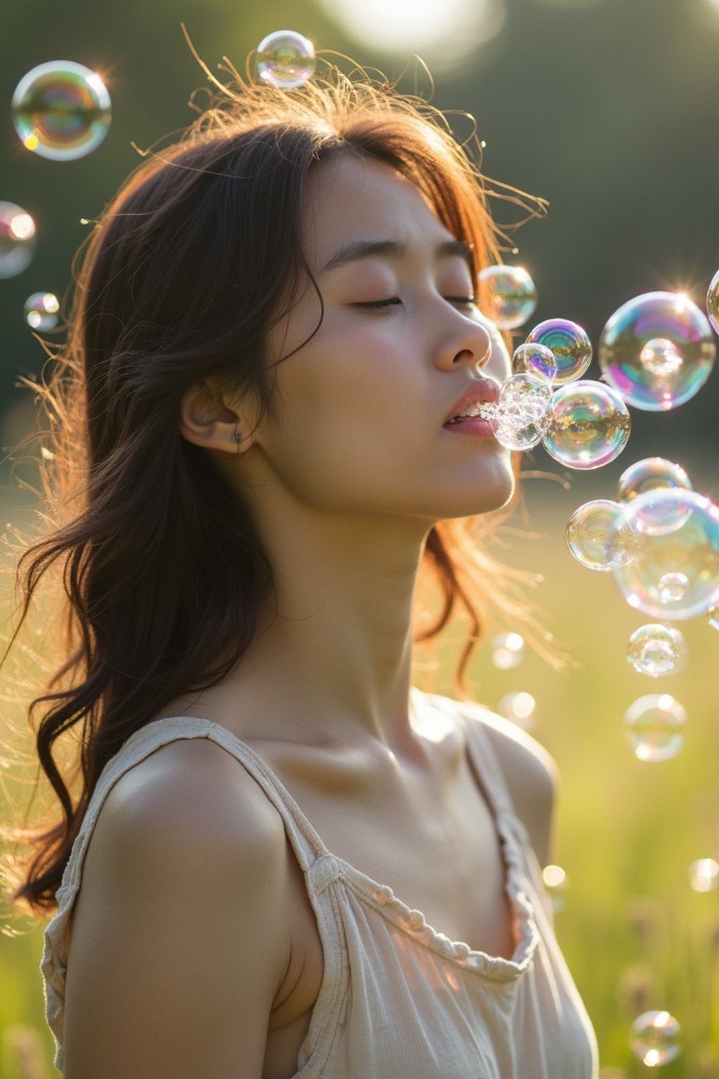 man blowing bubbles. all around her are floating bubbles. many bubbles floating. the bubbles reflect her face. she stands in a sunlit field.