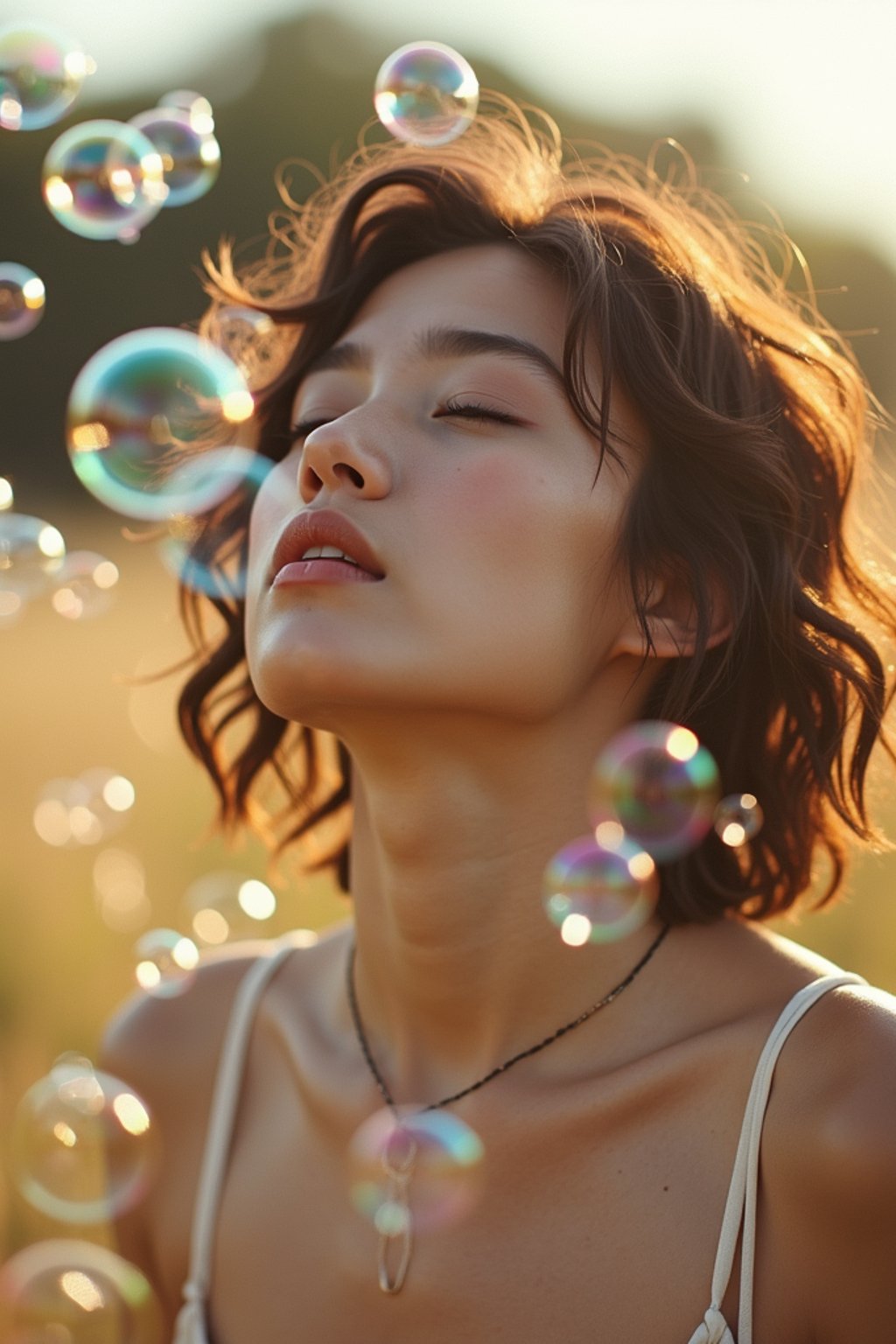 man blowing bubbles. all around her are floating bubbles. many bubbles floating. the bubbles reflect her face. she stands in a sunlit field.