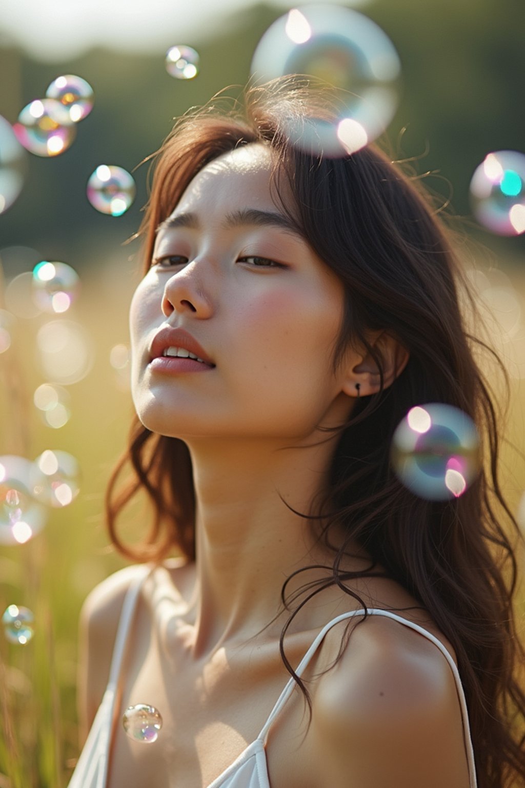 man blowing bubbles. all around her are floating bubbles. many bubbles floating. the bubbles reflect her face. she stands in a sunlit field.