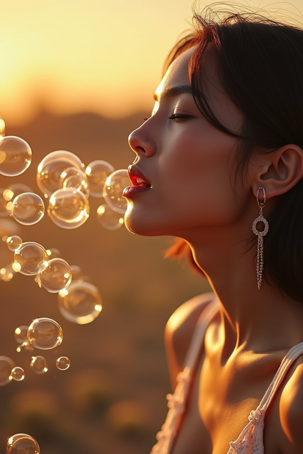 man blowing bubbles. all around her are floating bubbles. many bubbles floating. the bubbles reflect her face. it is golden hour at sunset.