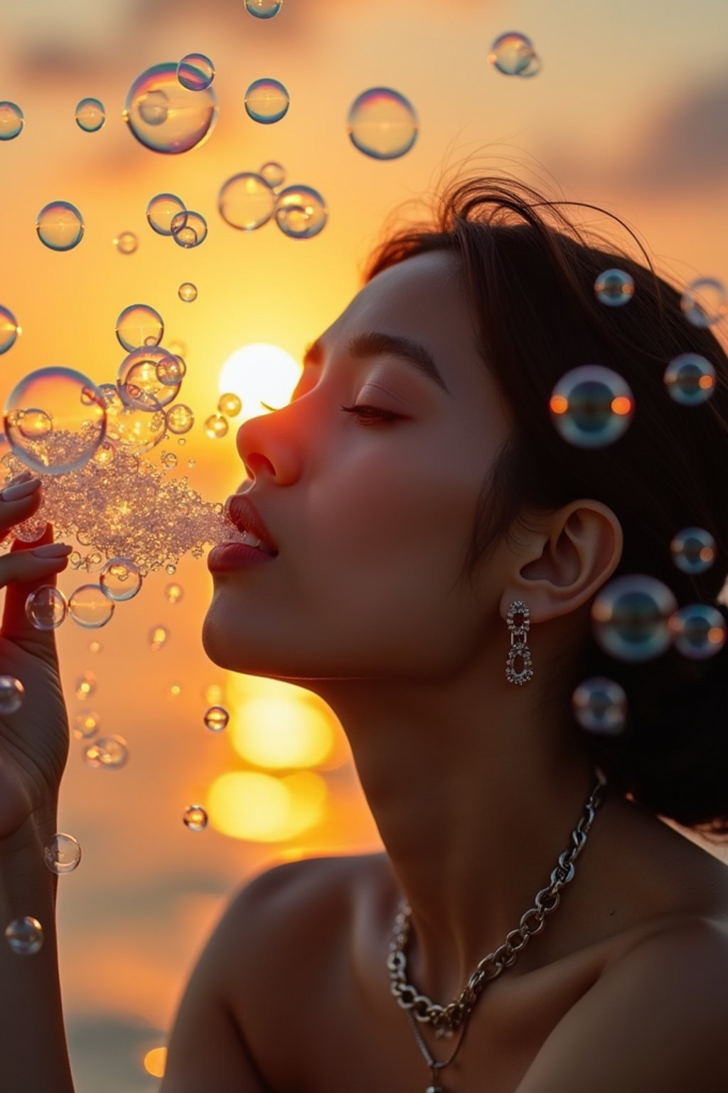 man blowing bubbles. all around her are floating bubbles. many bubbles floating. the bubbles reflect her face. it is golden hour at sunset.