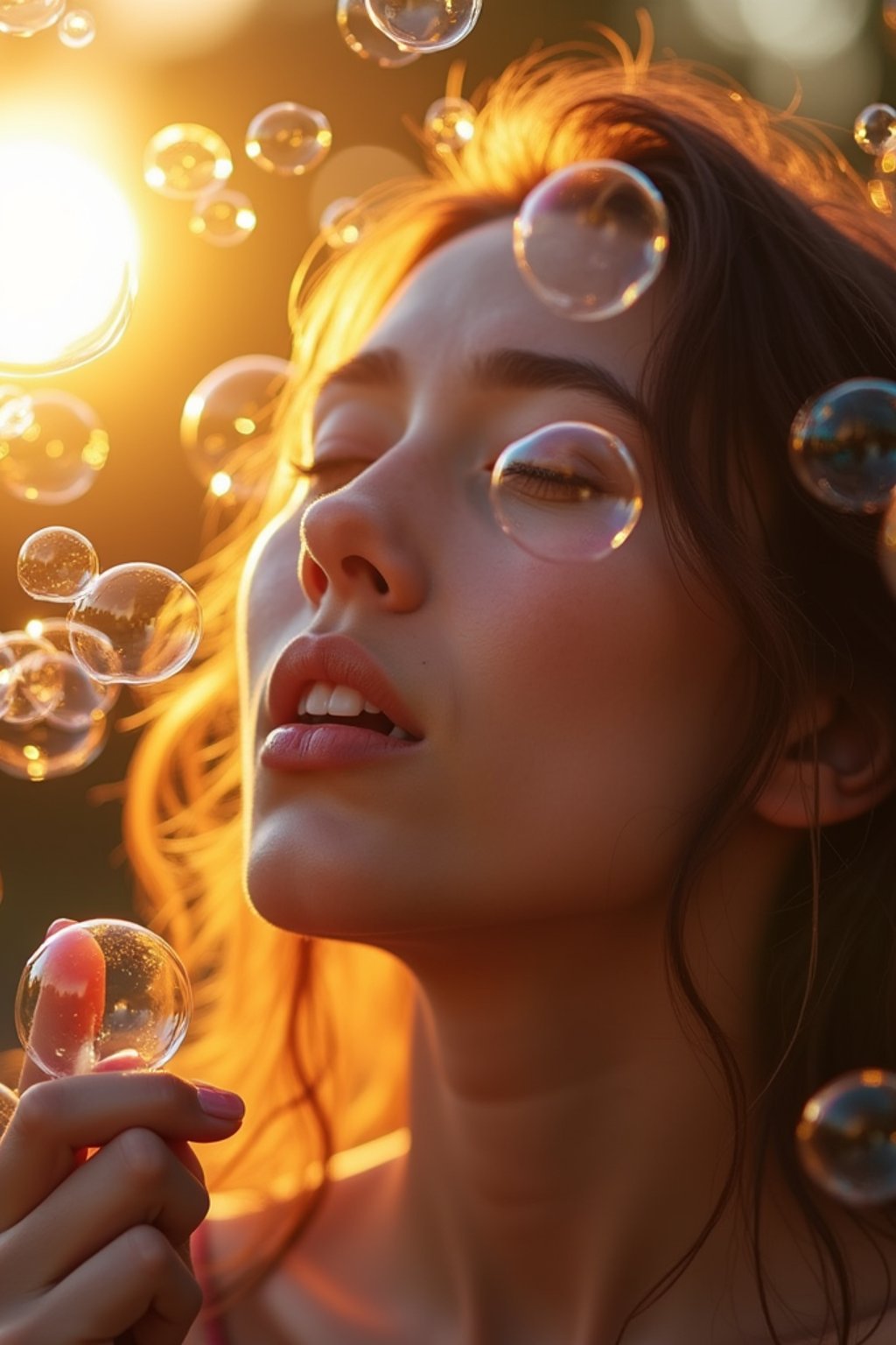 man blowing bubbles. all around her are floating bubbles. many bubbles floating. the bubbles reflect her face. it is golden hour at sunset.