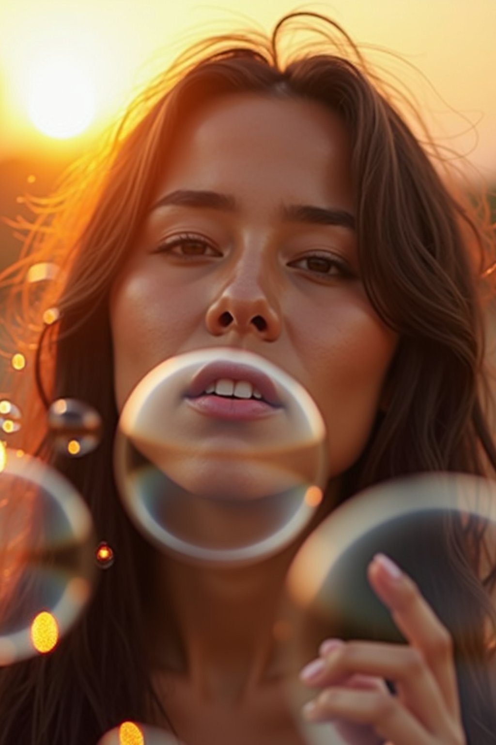 man blowing bubbles. all around her are floating bubbles. many bubbles floating. the bubbles reflect her face. it is golden hour at sunset.