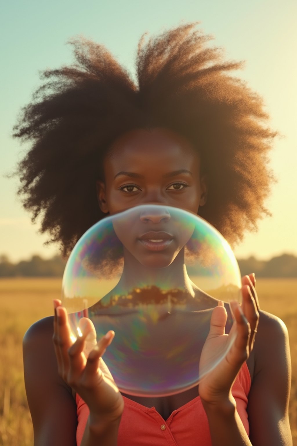 woman holding a giant soap bubble in a sunlit field