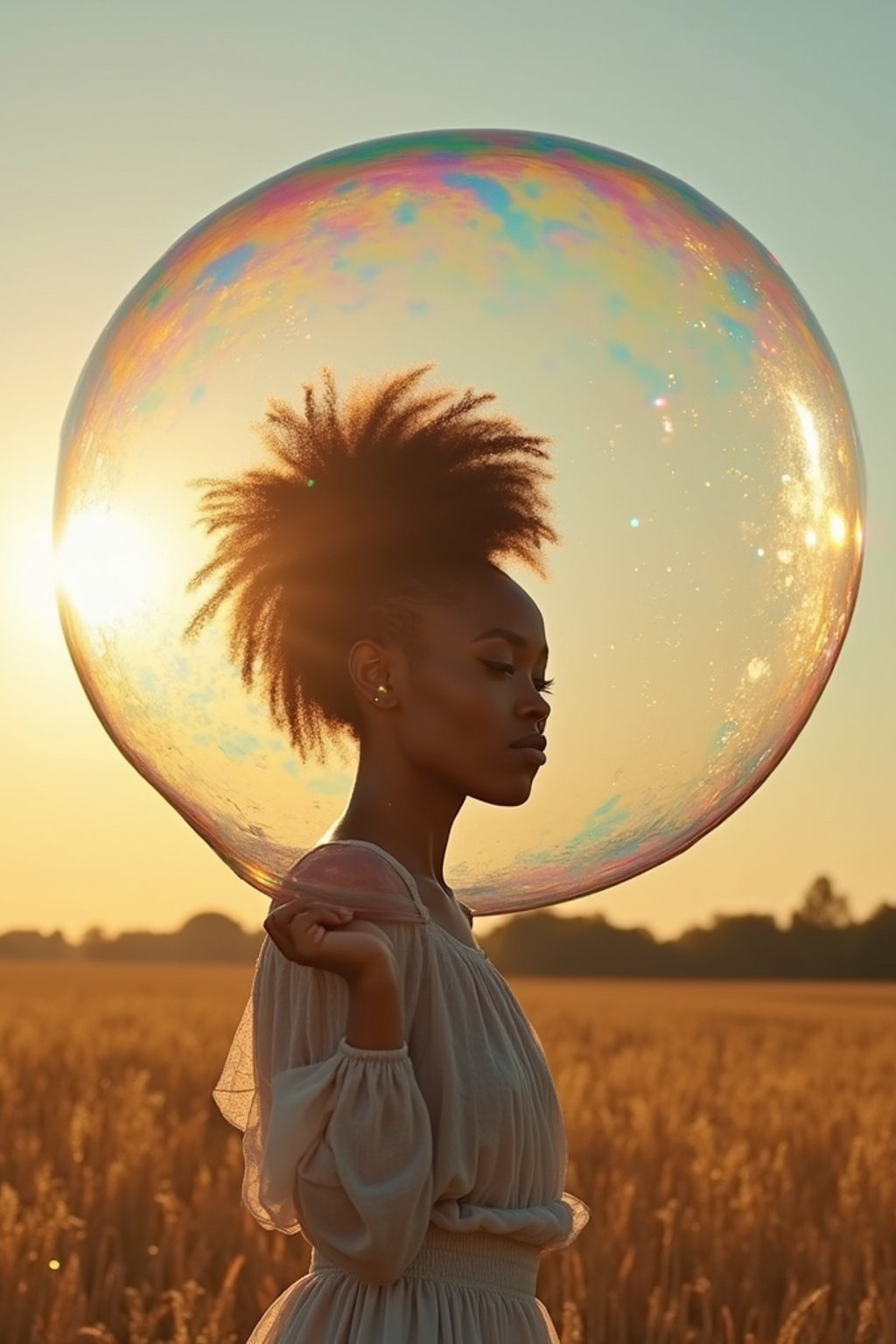 woman holding a giant soap bubble in a sunlit field