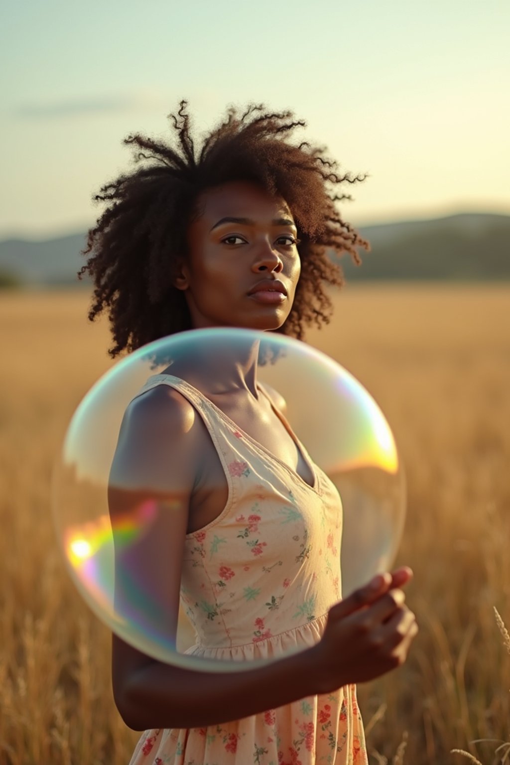 woman holding a giant soap bubble in a sunlit field