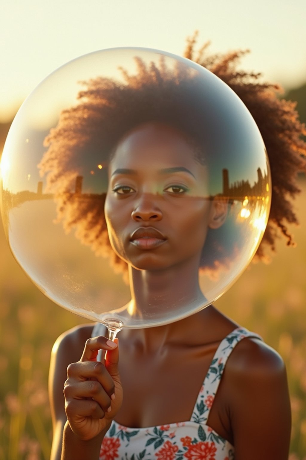 woman holding a giant soap bubble in a sunlit field